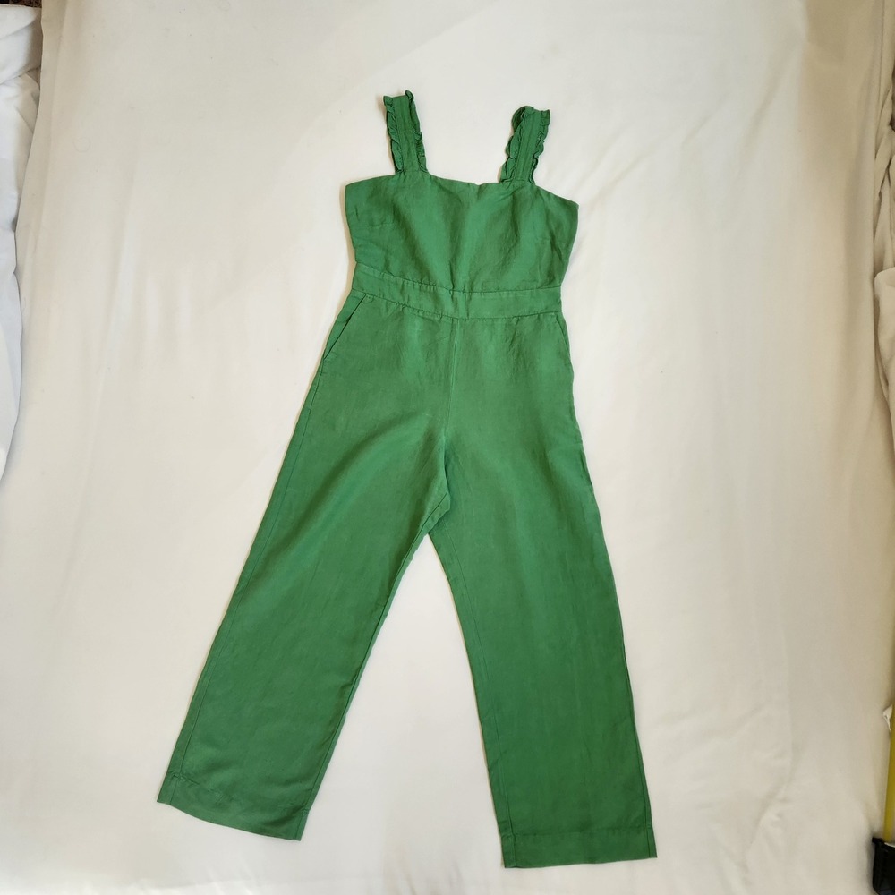 LOFT Green Ruffle Strap Linen Blend Jumpsuit, Womens 00P, Cottagecore, fall